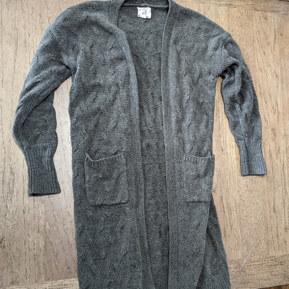 Knit Hippie rose army green long cardigan sweater with pockets Medium